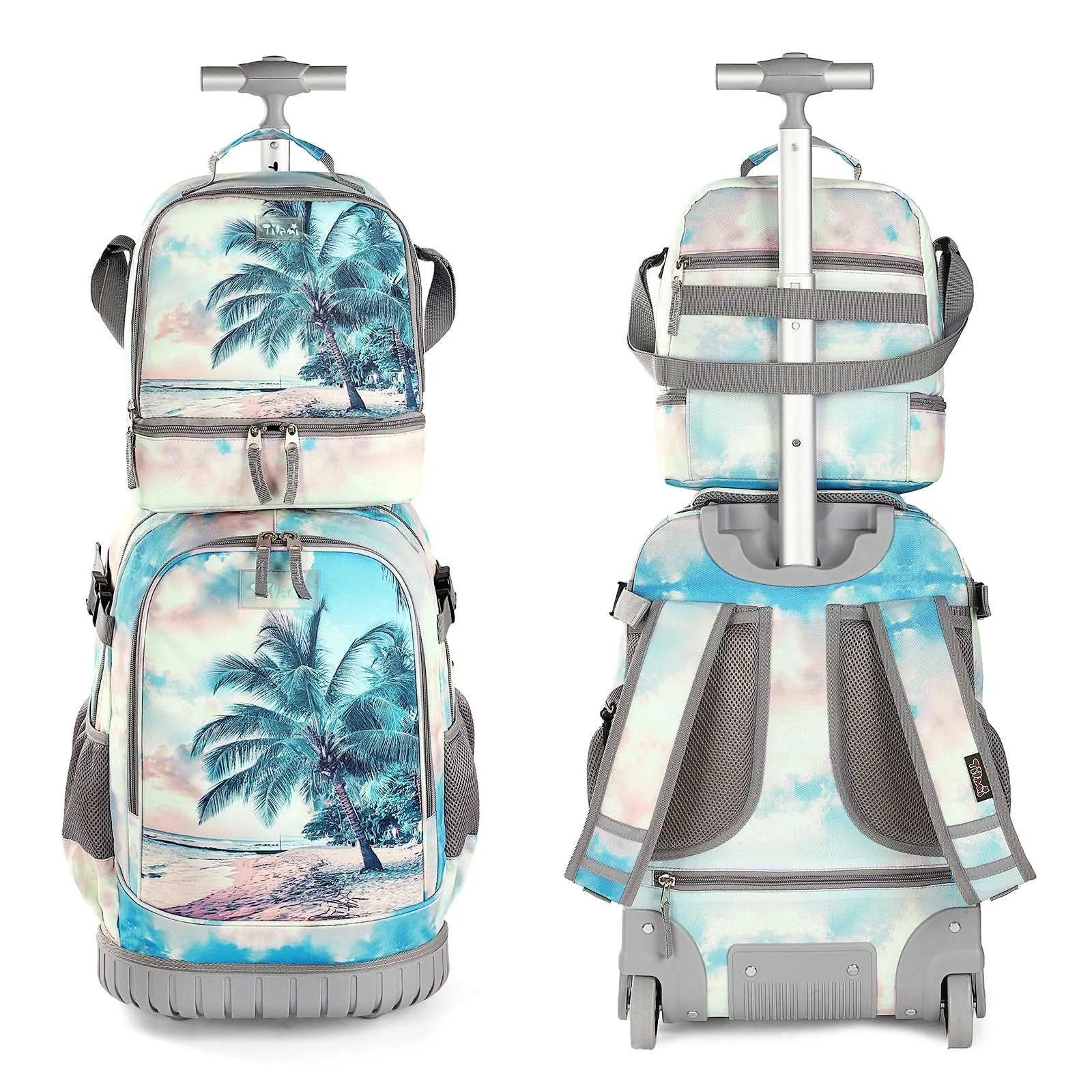 Tilami Green Seaside Rolling Backpack 19 inch with Lunch Bag