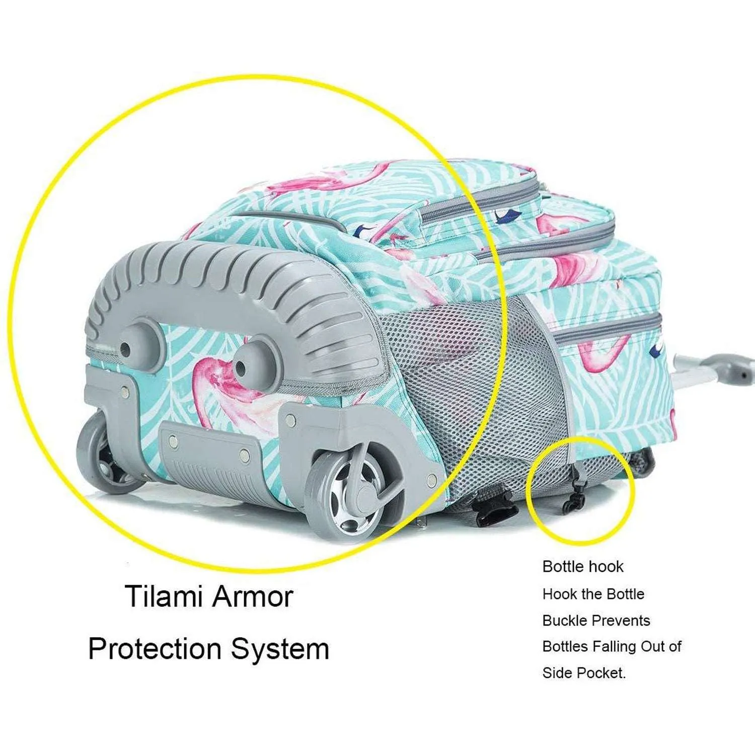 Tilami Light Green Flamingo Rolling Backpack 19 inch Wheeled Backpack