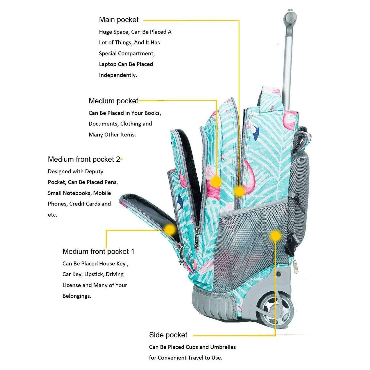 Tilami Light Green Flamingo Rolling Backpack 19 inch Wheeled Backpack