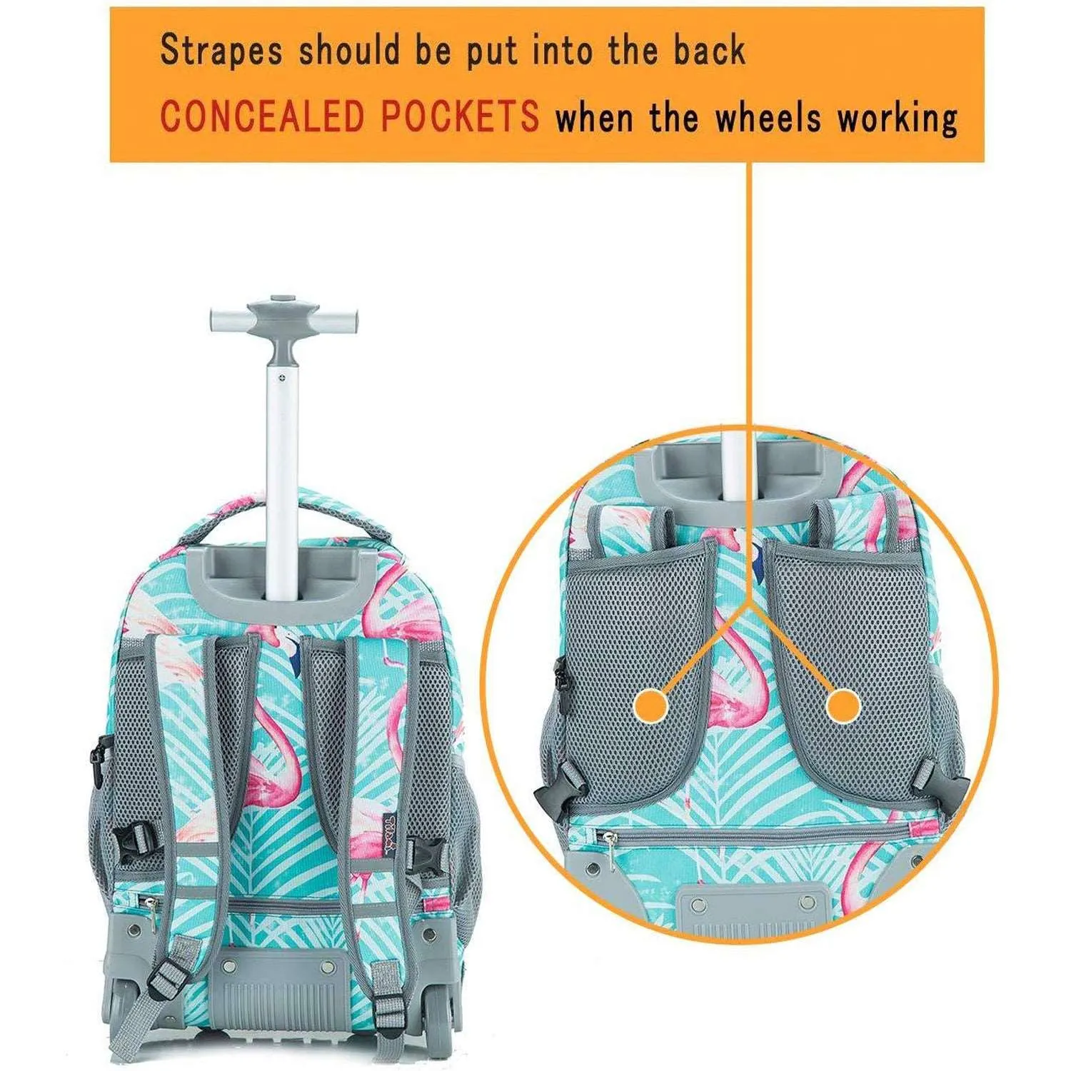 Tilami Light Green Flamingo Rolling Backpack 19 inch Wheeled Backpack