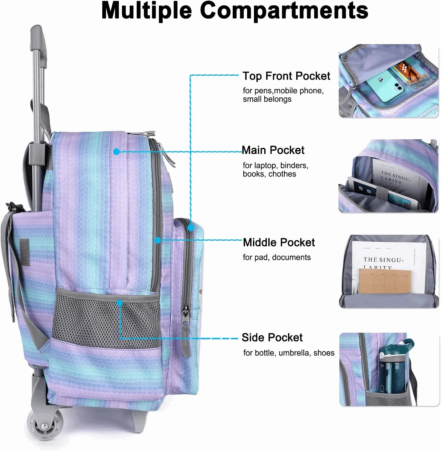 Tilami Mermaid Purple 18-Inch Kids Rolling Backpack Matching Lunch Box