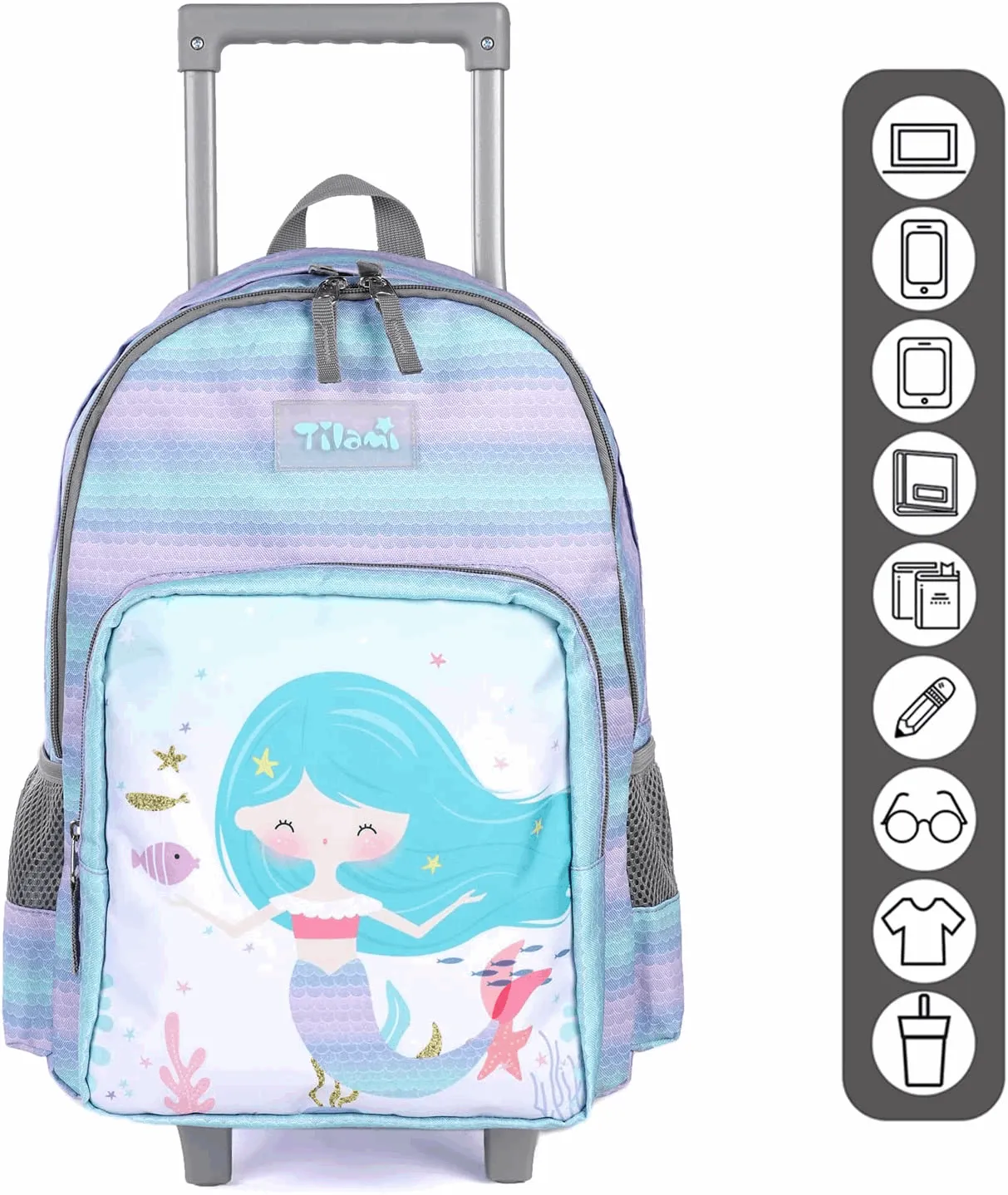 Tilami Mermaid Purple 18-Inch Kids Rolling Backpack Matching Lunch Box