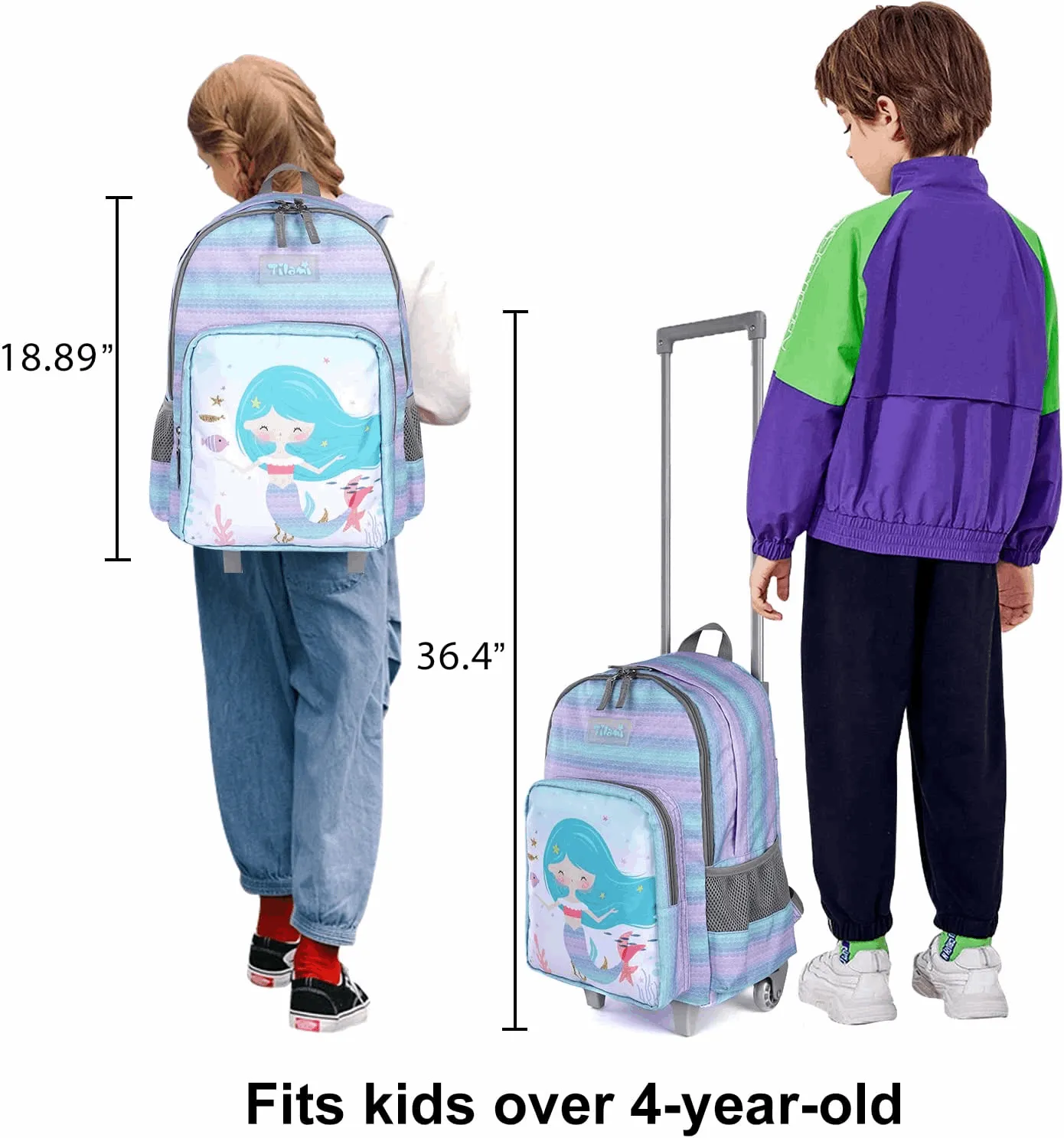 Tilami Mermaid Purple 18-Inch Kids Rolling Backpack Matching Lunch Box
