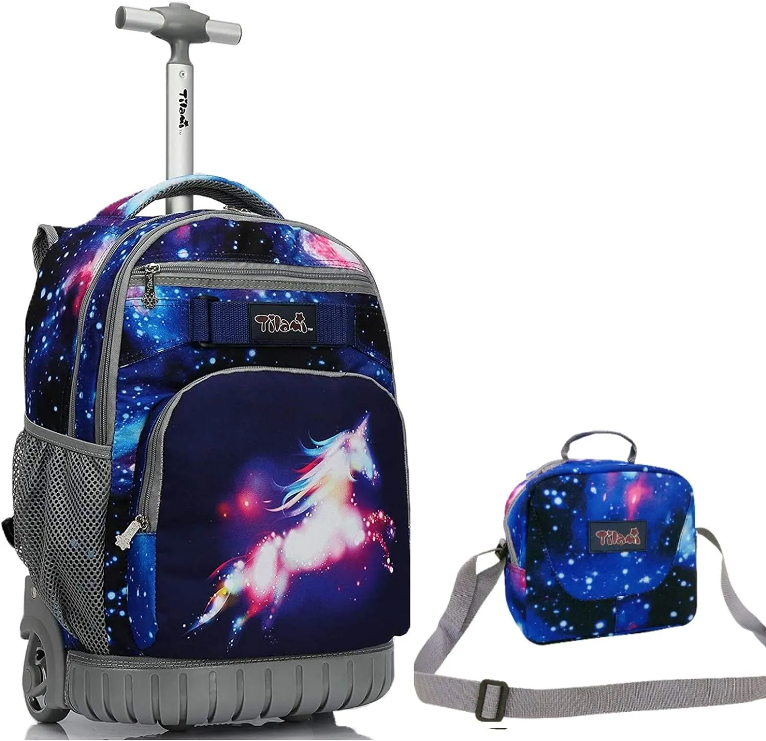 Tilami Unicorn Blue Galaxy Rolling Backpack Laptop 18 inch with Lunch Bag
