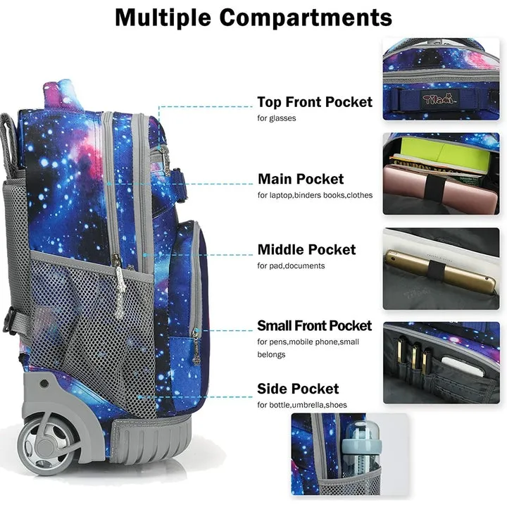 Tilami Unicorn Blue Galaxy Rolling Backpack Laptop 18 inch with Lunch Bag