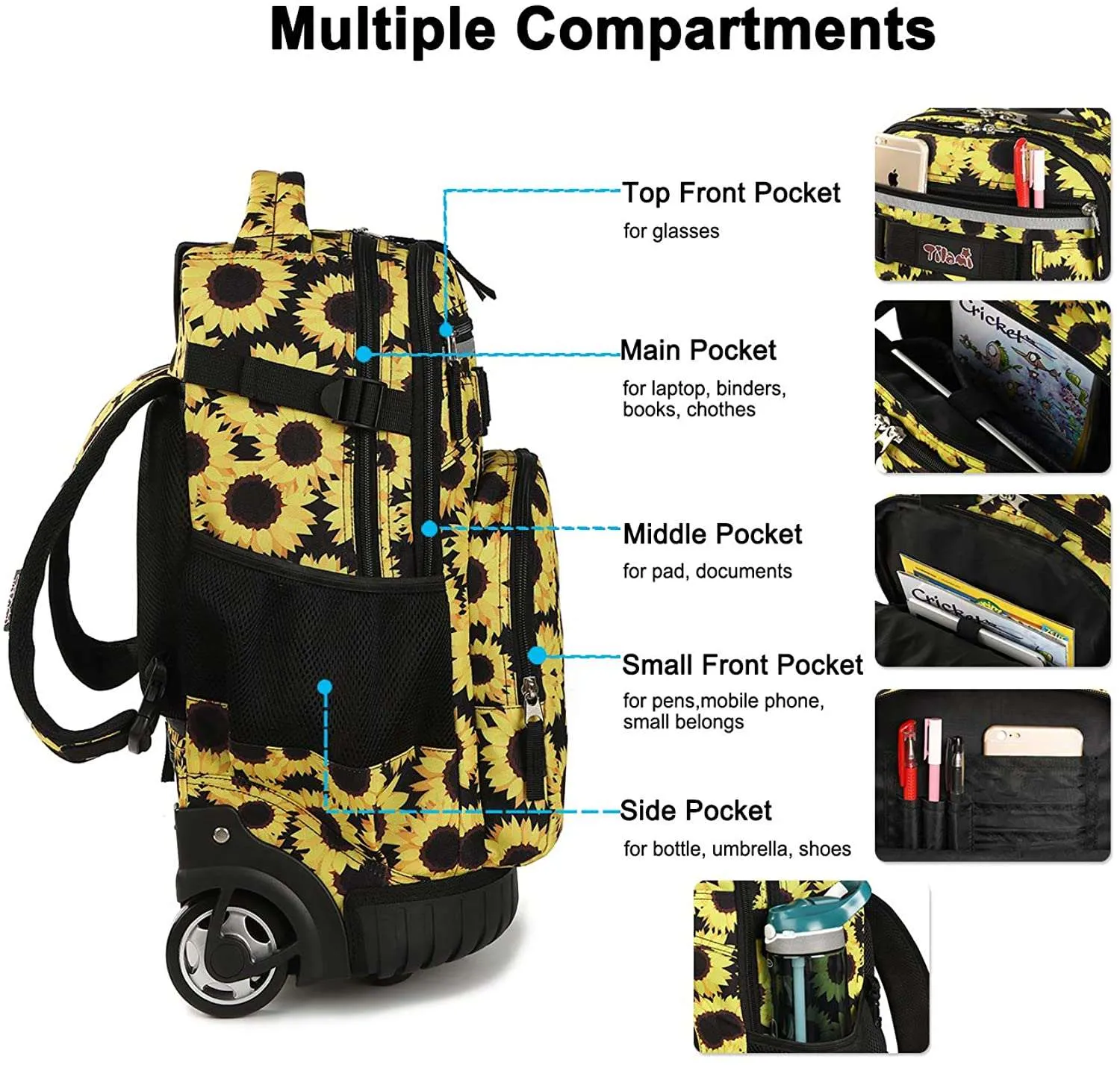 Tilami Yellow Sunflower 19 inch Rolling Backpack & Lunch Bag Set