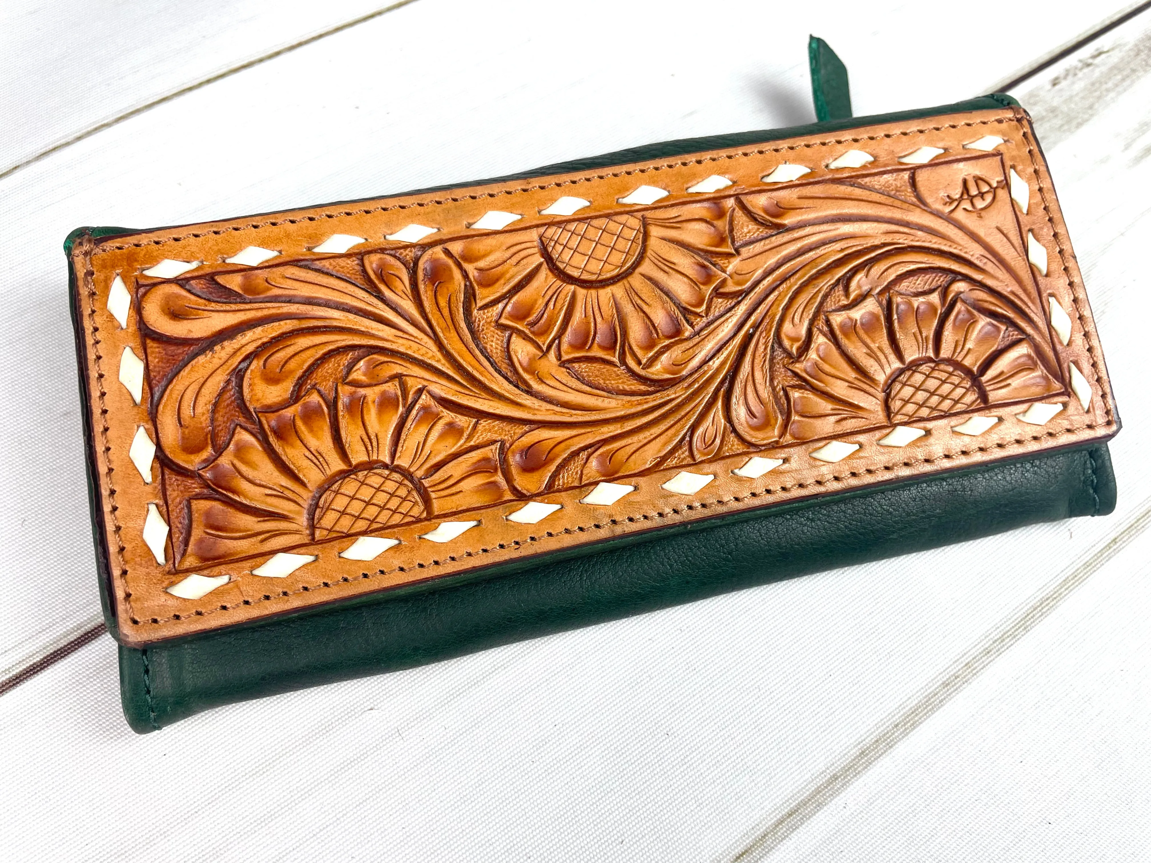 Tooled Floral Buckstitch Flap Leather Wallet