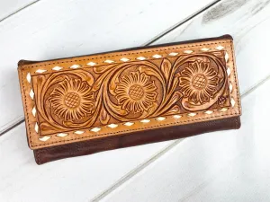 Tooled Floral Buckstitch Flap Leather Wallet