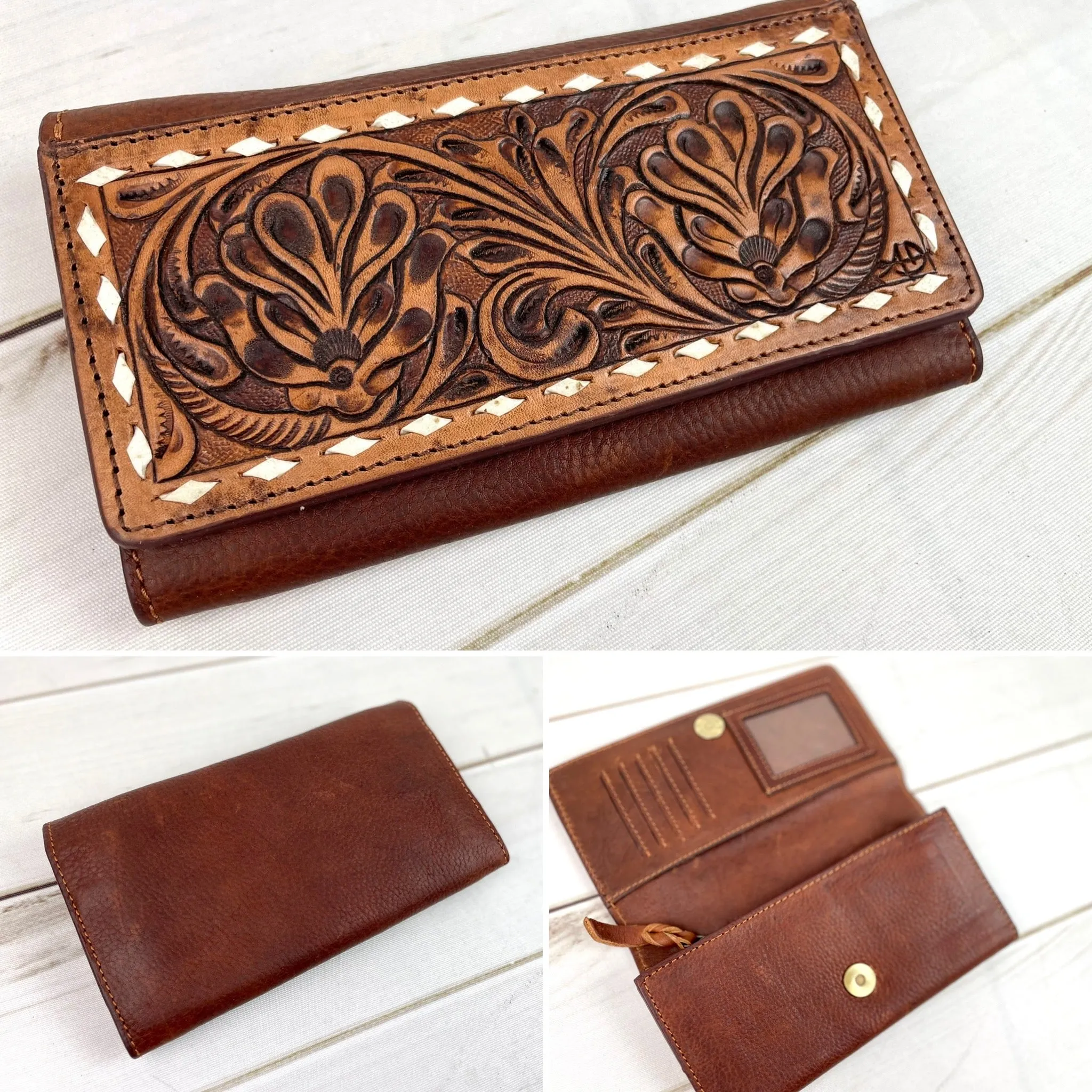 Tooled Floral Buckstitch Flap Leather Wallet