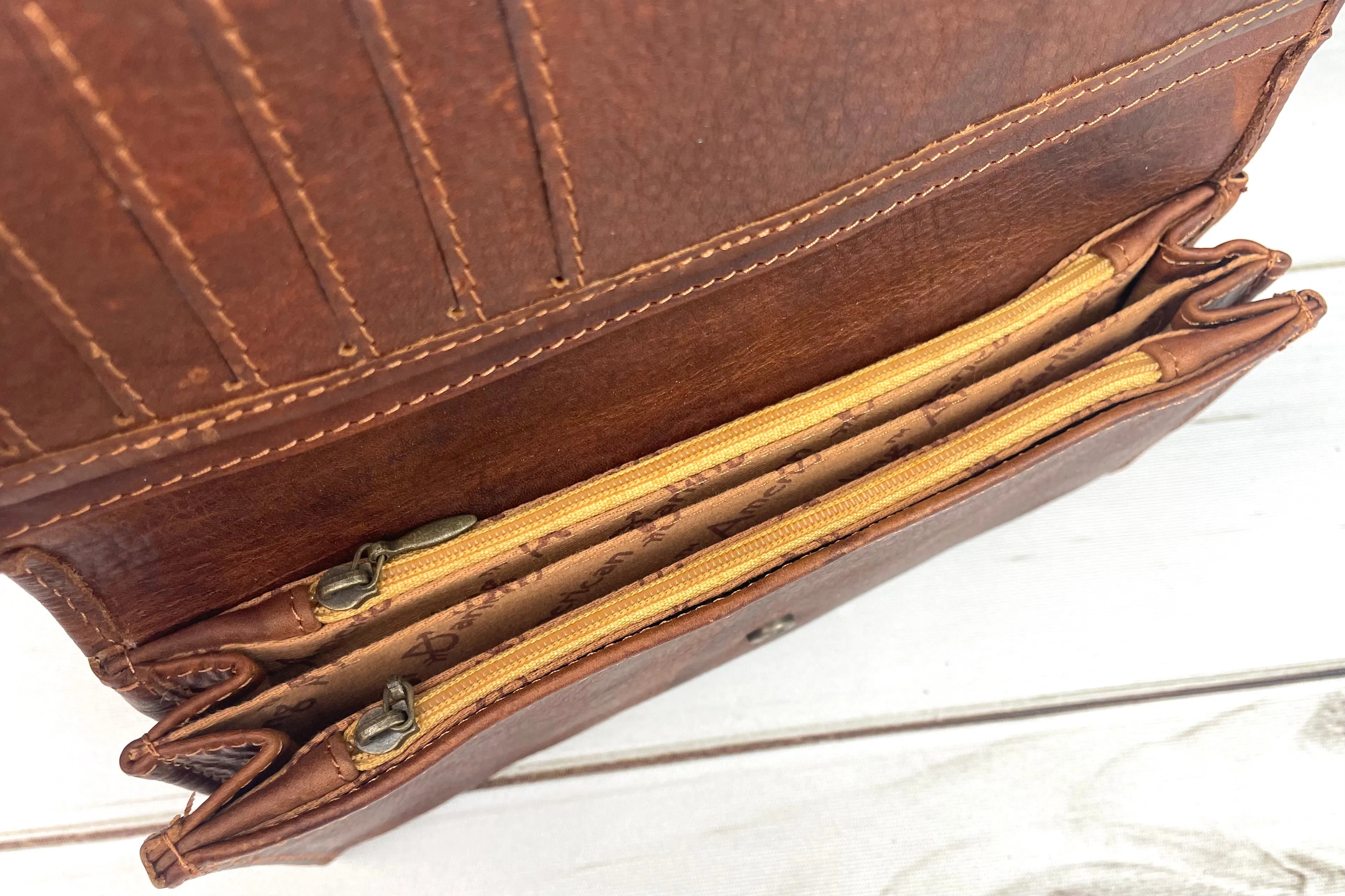 Tooled Floral Buckstitch Flap Leather Wallet