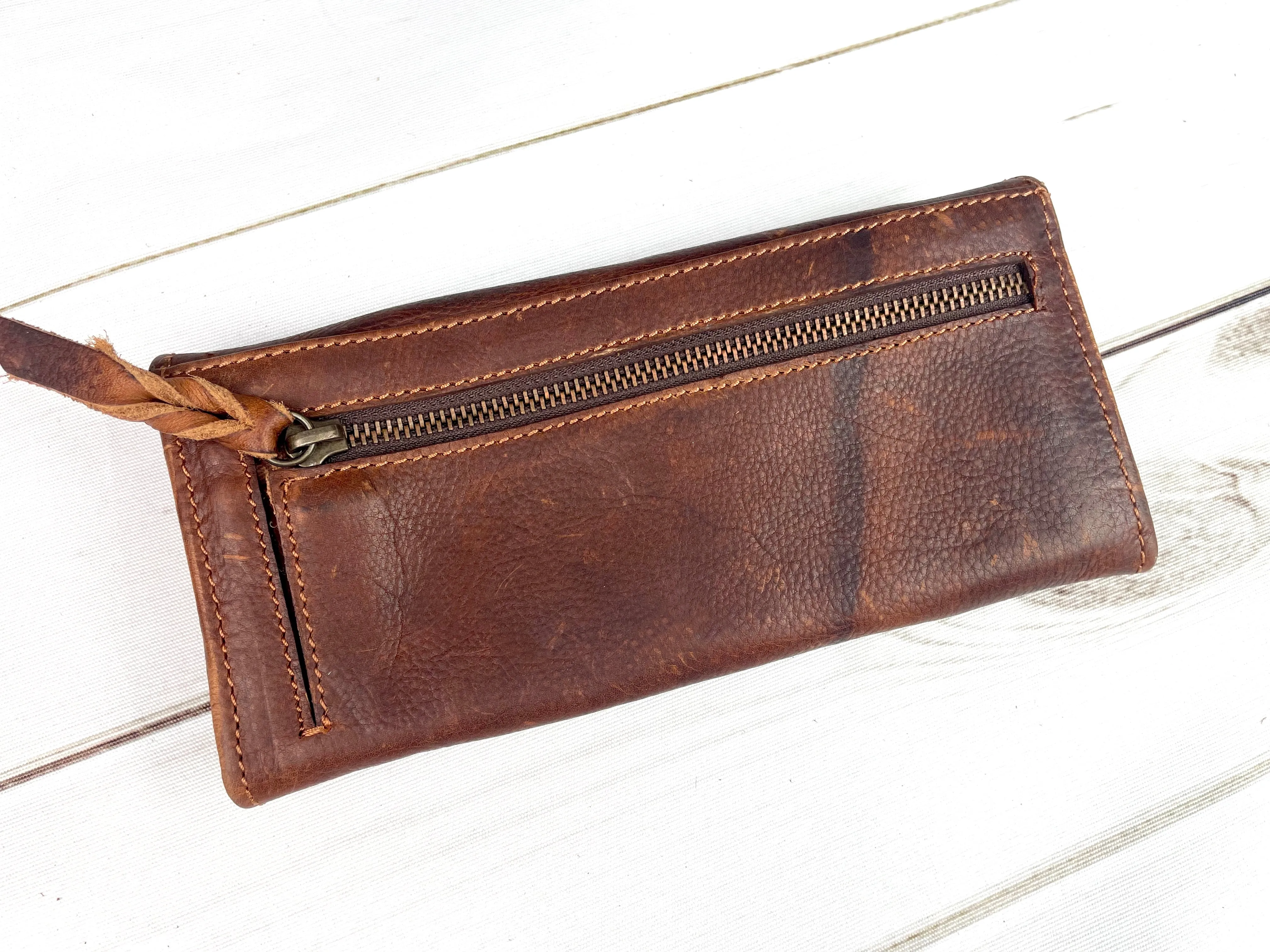 Tooled Floral Buckstitch Flap Leather Wallet