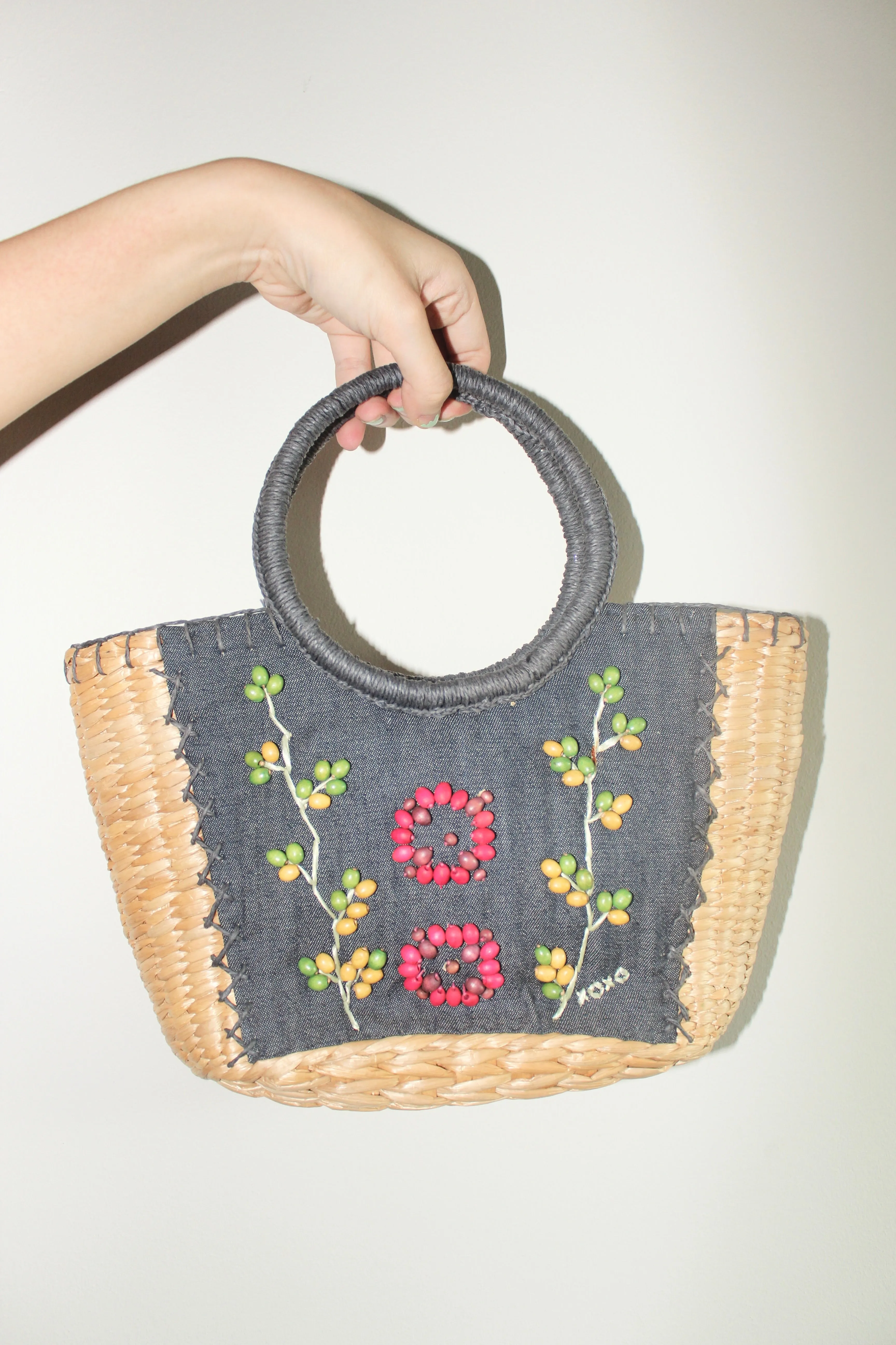 Vintage 90s Floral Wicker Bag