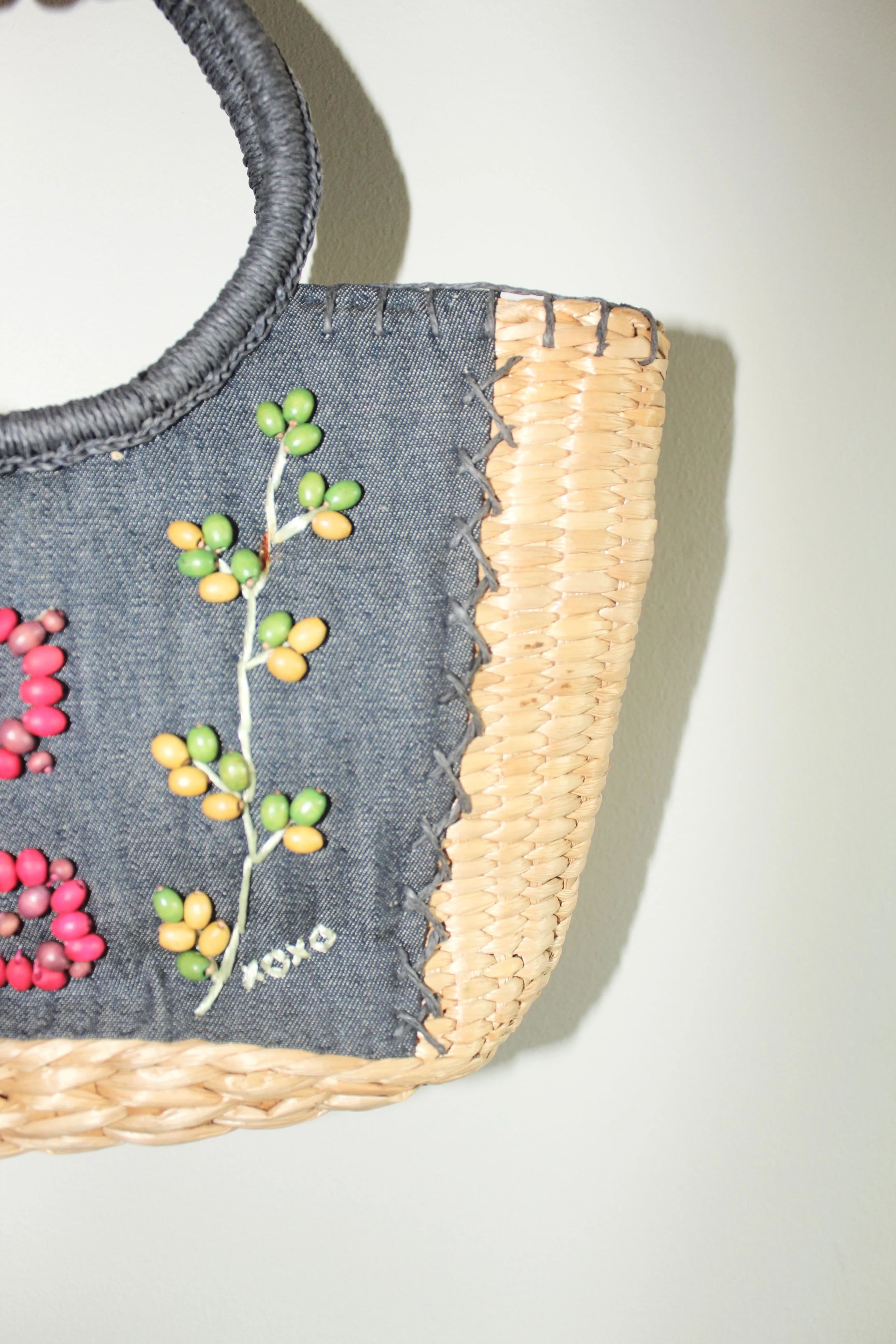Vintage 90s Floral Wicker Bag