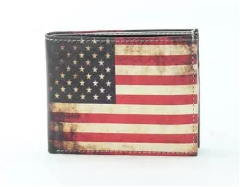 Vintage Amerian Flag Print Vegan Leather Bi-Fold Wallet