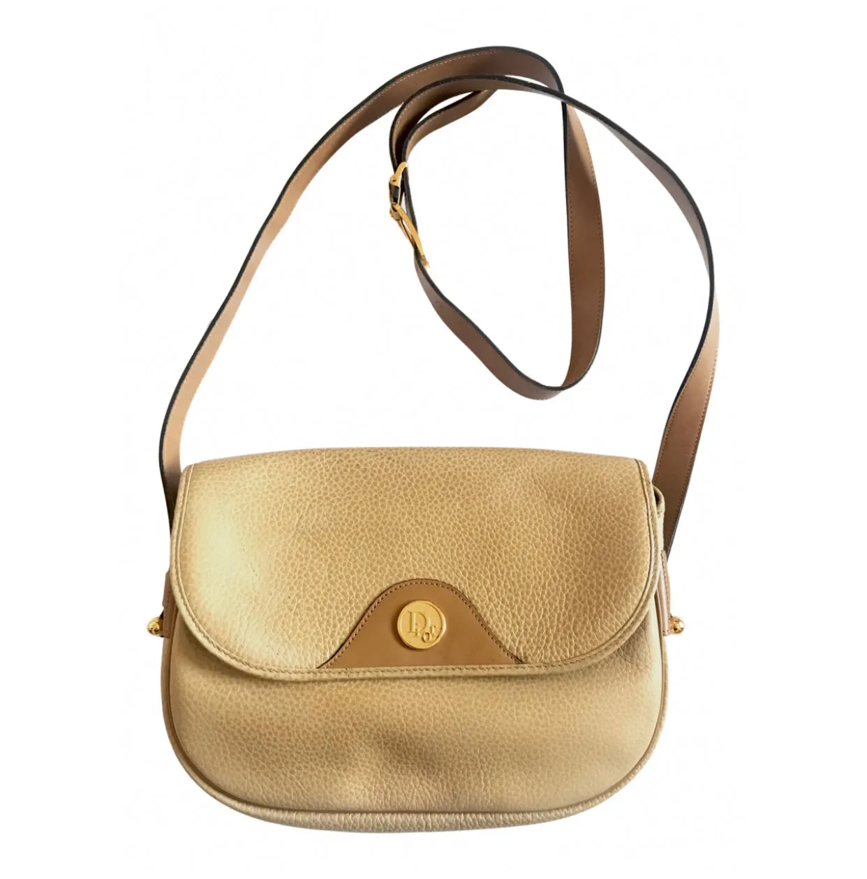 Vintage Christian Dior nude beige leather purse, shoulder bag with golden Dior motif. Classic purse. 0506286