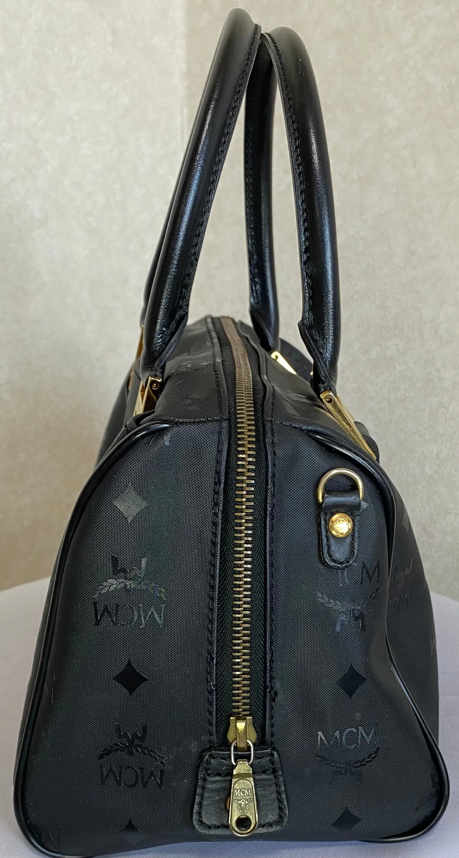 Vintage MCM black monogram speedy bag style handbag, mini duffle bag. Unisex and daily use purse. Classic style in originality. 050601ya5