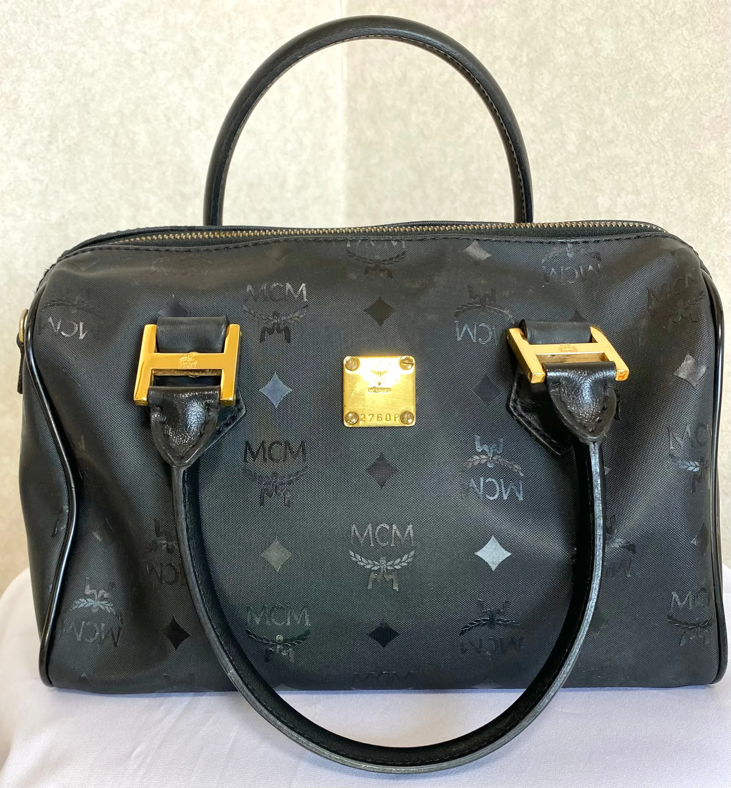 Vintage MCM black monogram speedy bag style handbag, mini duffle bag. Unisex and daily use purse. Classic style in originality. 050601ya5