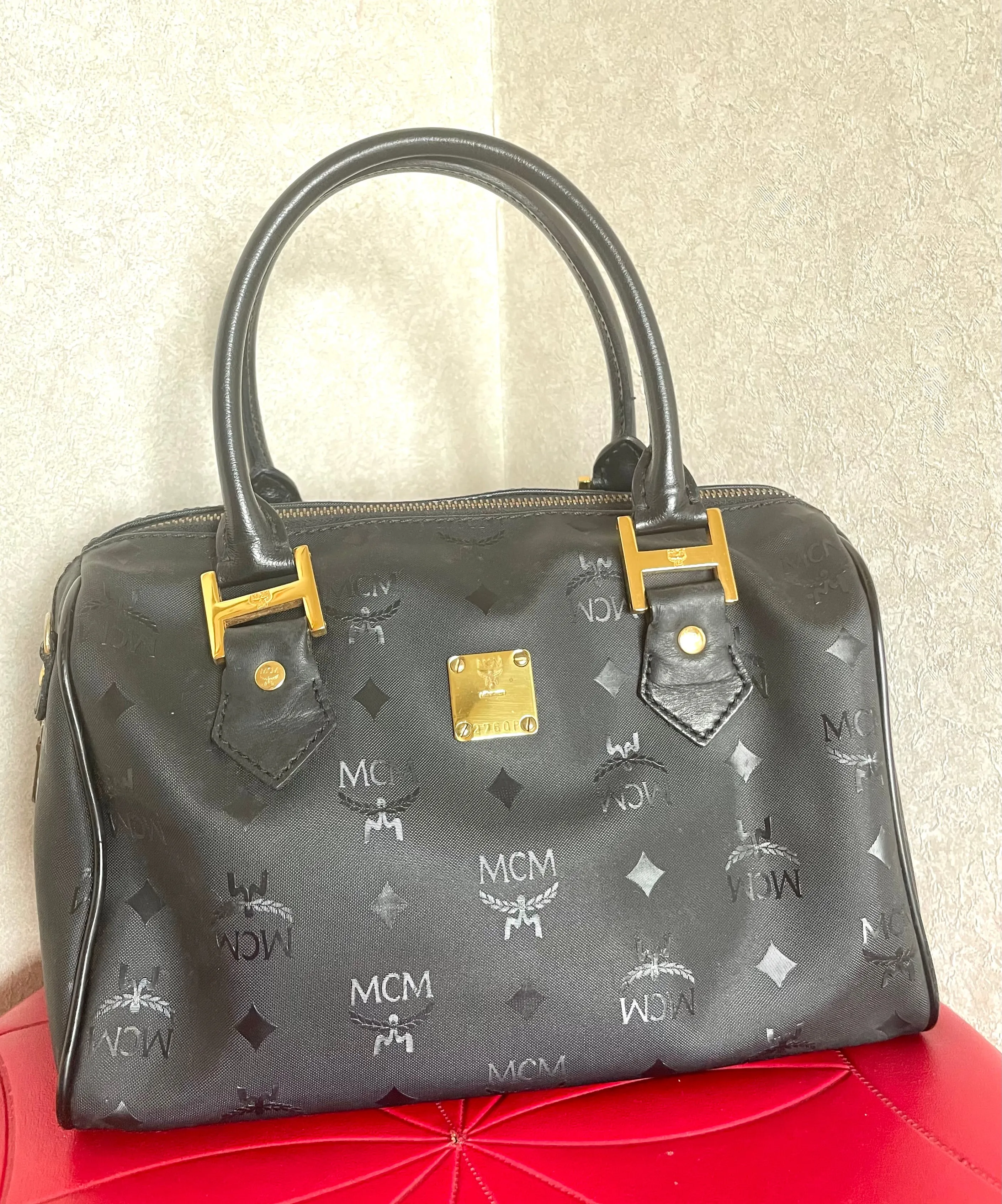 Vintage MCM black monogram speedy bag style handbag, mini duffle bag. Unisex and daily use purse. Classic style in originality. 050601ya5