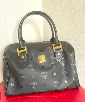 Vintage MCM black monogram speedy bag style handbag, mini duffle bag. Unisex and daily use purse. Classic style in originality. 050601ya5