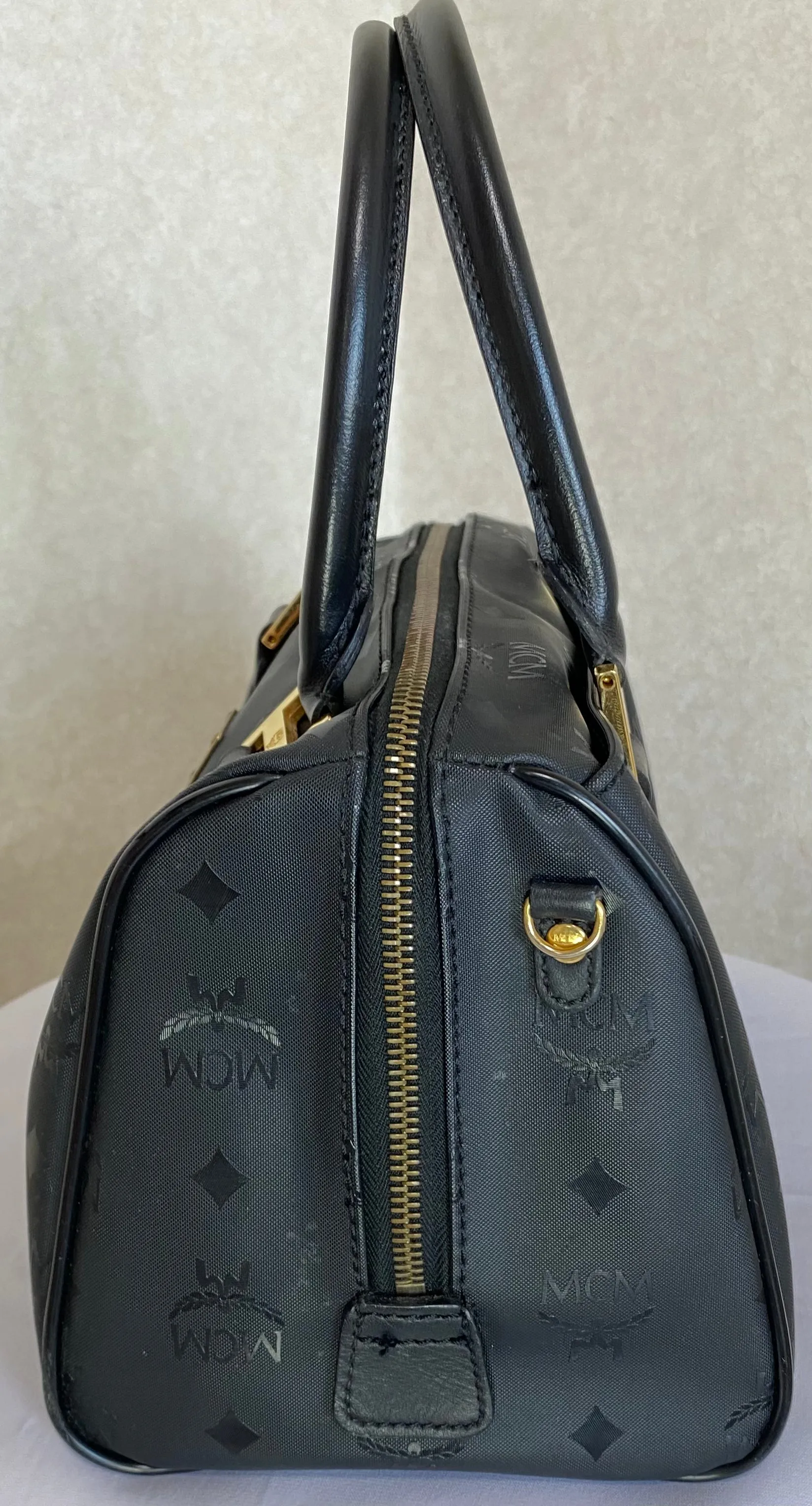 Vintage MCM black monogram speedy bag style handbag, mini duffle bag. Unisex and daily use purse. Classic style in originality. 050601ya5