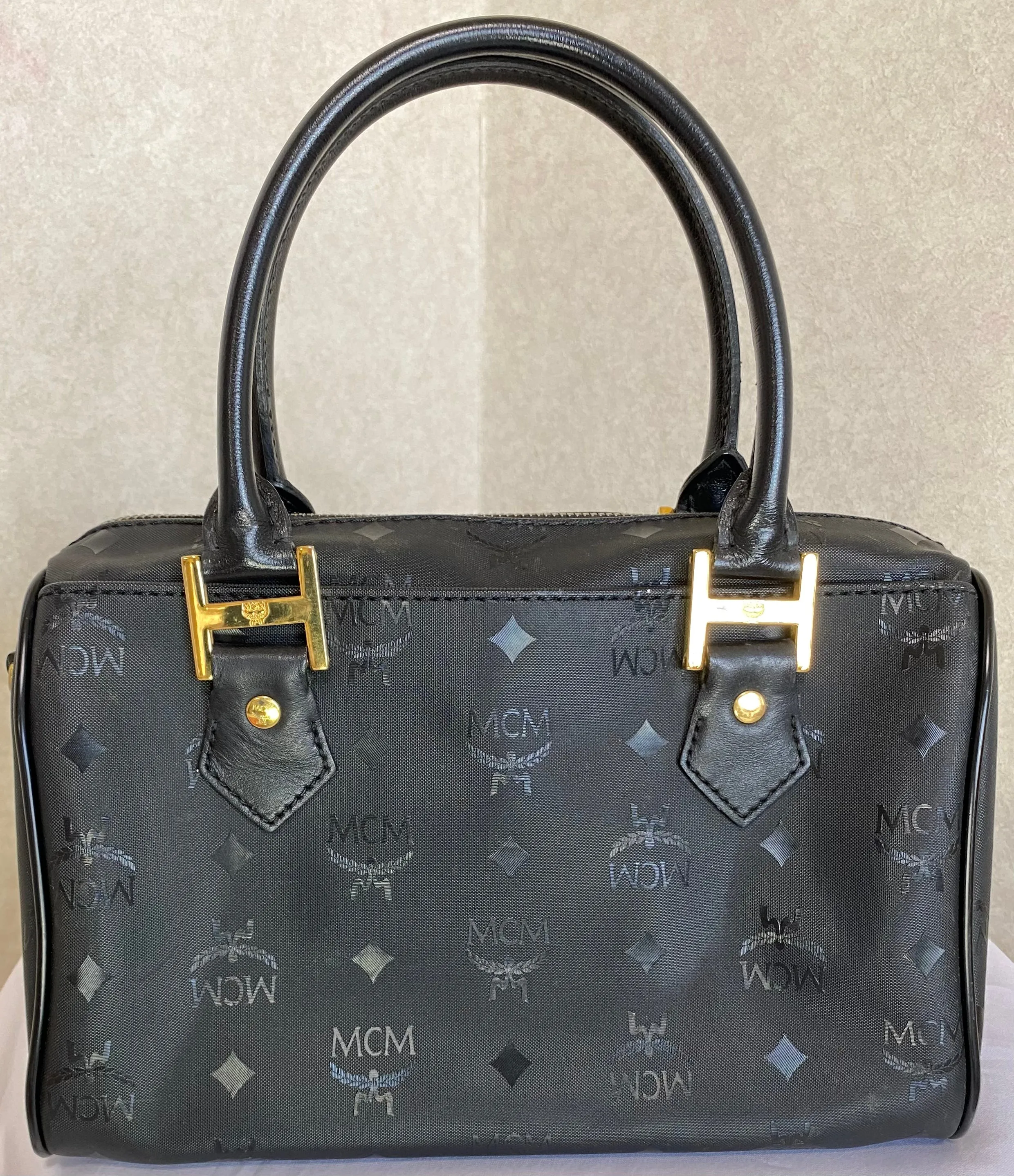 Vintage MCM black monogram speedy bag style handbag, mini duffle bag. Unisex and daily use purse. Classic style in originality. 050601ya5