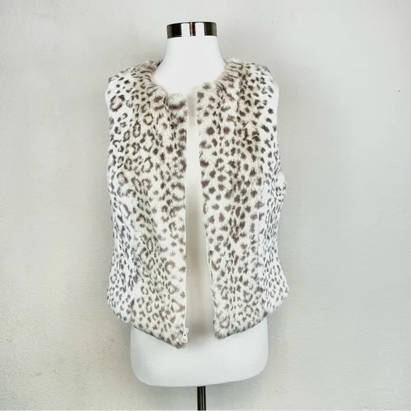 White House Black Market Snow Leopard Sleeveless Fur Zip Vest