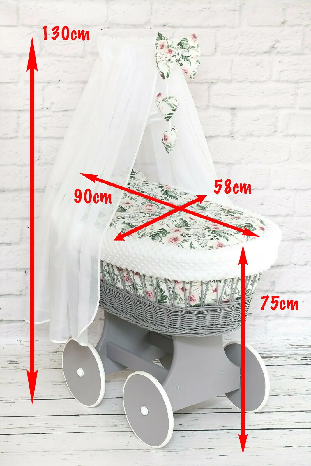White Wicker Moses Basket Wheel Baby Full Dimple Bedding Set Elephants Grey