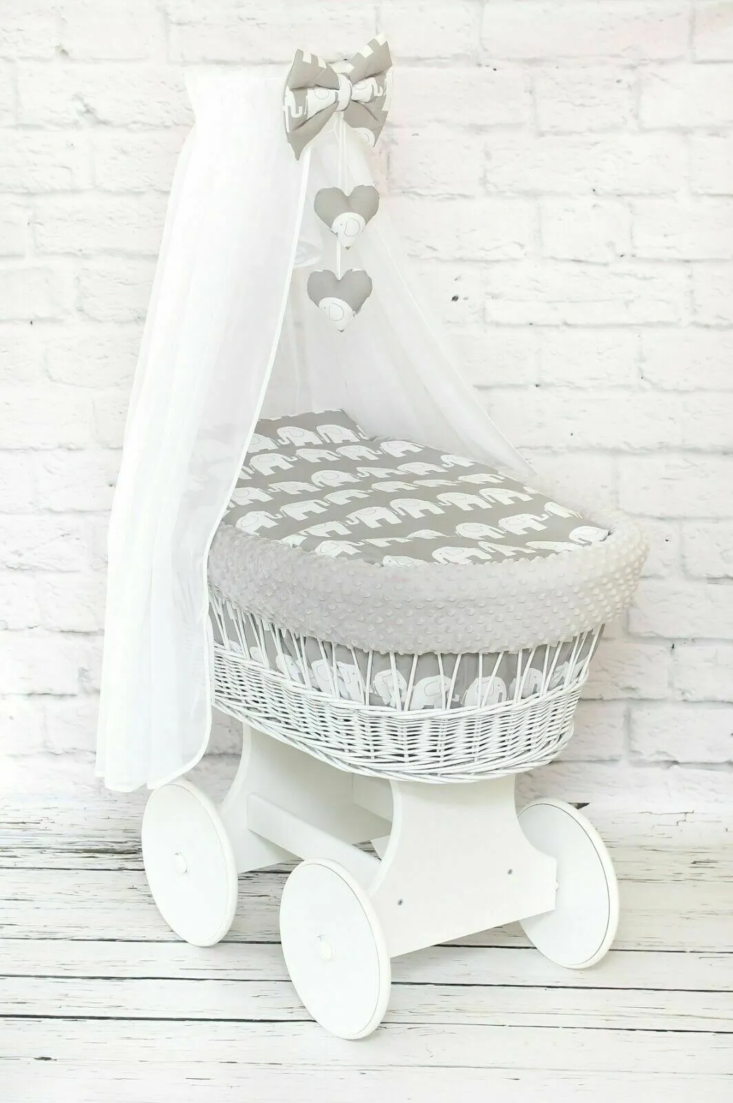 White Wicker Moses Basket Wheel Baby Full Dimple Bedding Set Elephants Grey