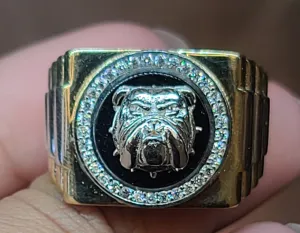 Yellow Gold Circular Ring With Bulldog Face and CZs