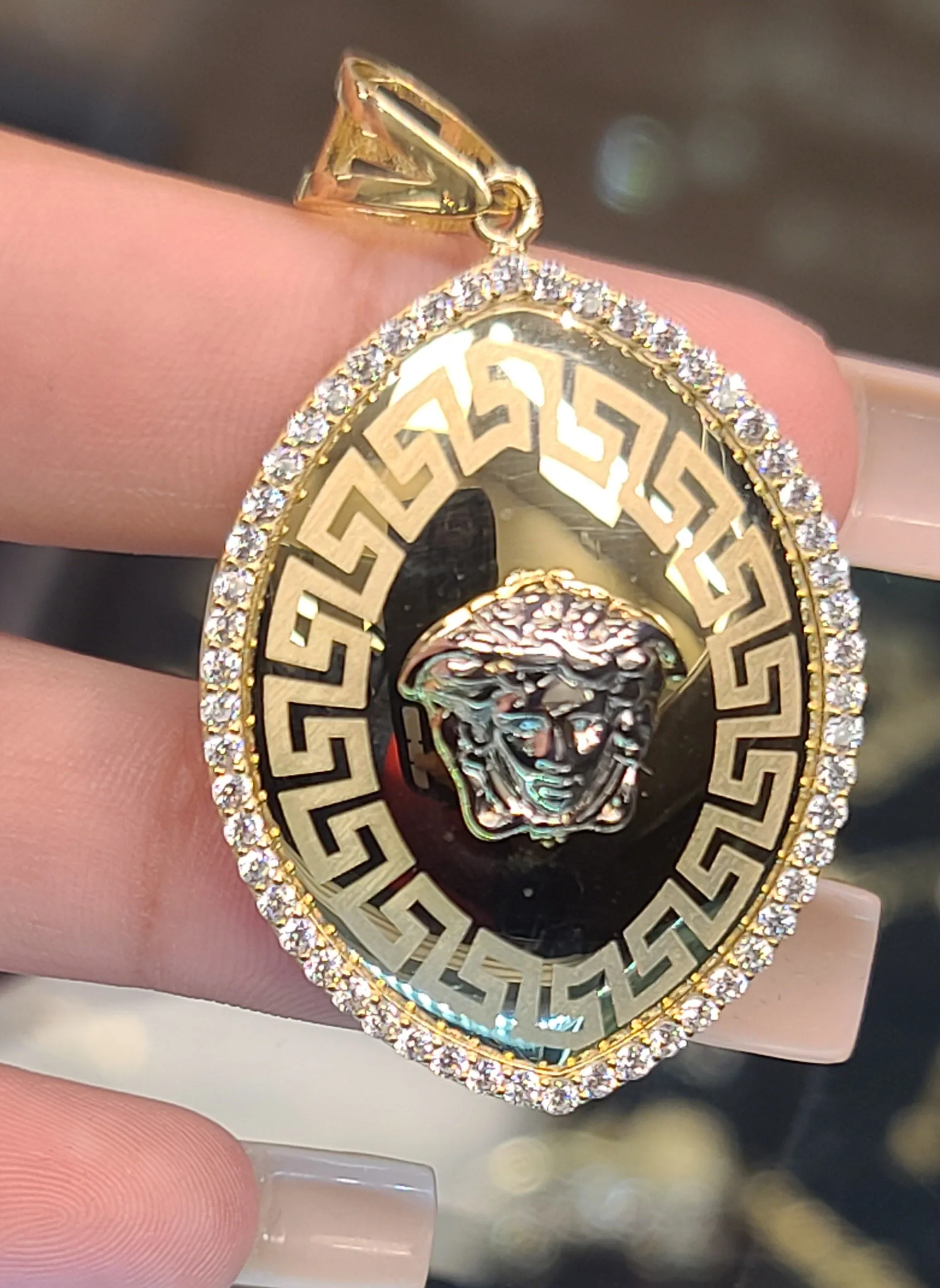Yellow Gold Greek Oval Shaped Pendant With Medusa Face and CZs