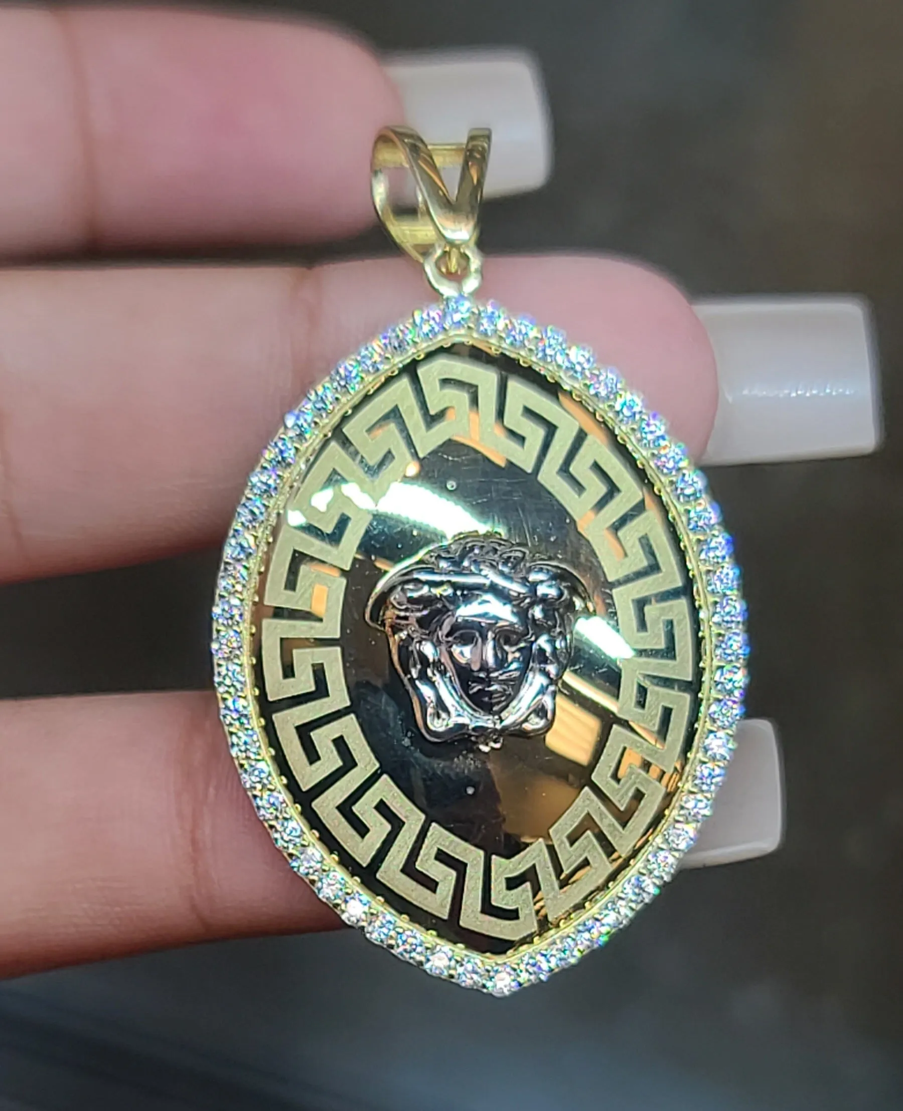 Yellow Gold Greek Oval Shaped Pendant With Medusa Face and CZs