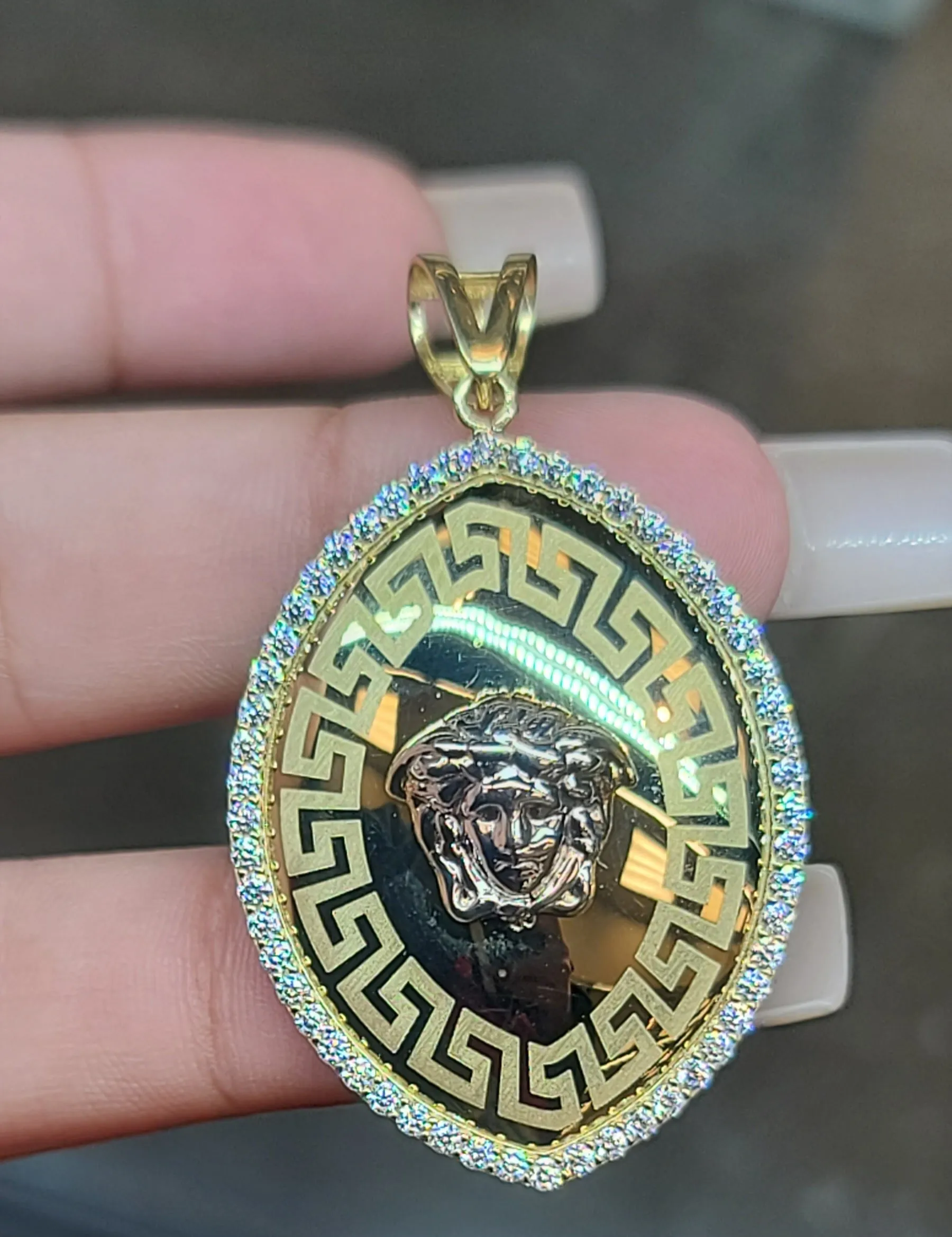 Yellow Gold Greek Oval Shaped Pendant With Medusa Face and CZs
