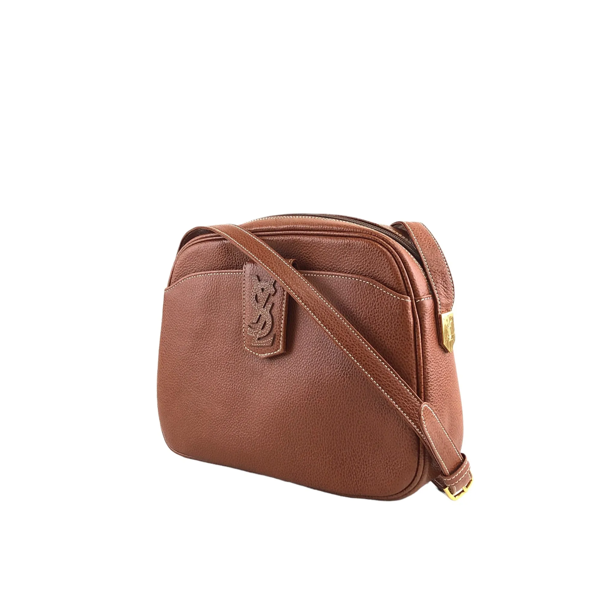 Yves Saint Laurent YSL Logo Stitch Shoulder bag Brown Vintage mvybaw
